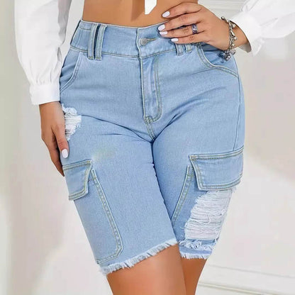 Wulend Women's High Waist Distressed Denim Shorts - Casual Patchwork Style - Buy Center