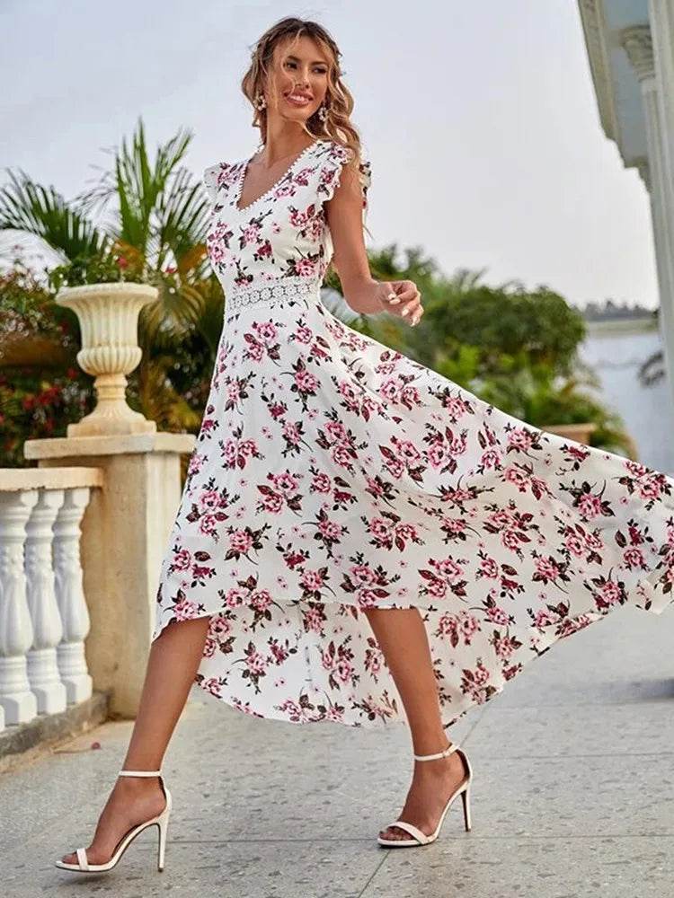 Floral Print Women’s Dress - Lace Collar, Irregular Waist Style - Buy Center