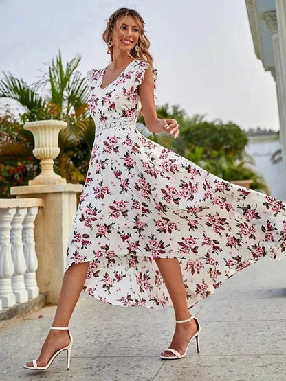 Floral Print Women’s Dress - Lace Collar, Irregular Waist Style - Buy Center