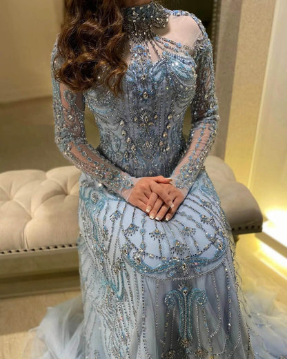 Sharon Said Blue Long Sleeve Evening Dress - High Neck & Beaded Detail - Buy Center