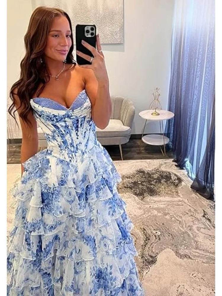 TSxuelian Floral Tiered Prom Dress - Strapless Ruffle Evening Gown - Buy Center