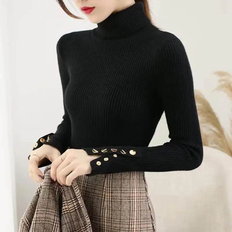 AOSSVIAO Women's Knitted Turtleneck Sweater - Button Long Sleeve - Buy Center