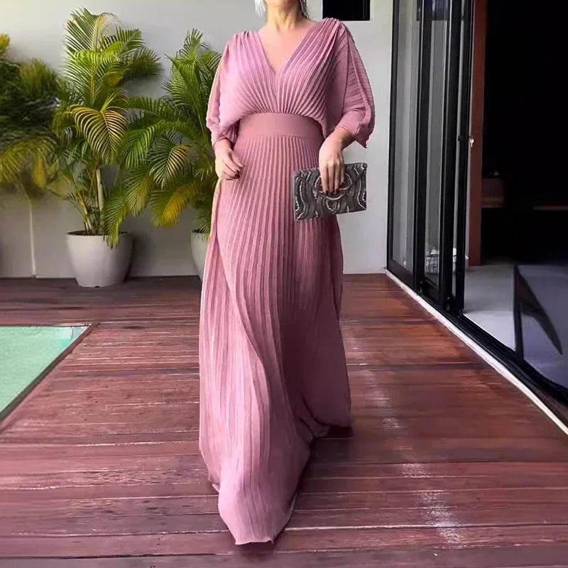 Elegant Women's V-Neck Robe Dress - Casual 3/4 Sleeves, Pleated - Buy Center