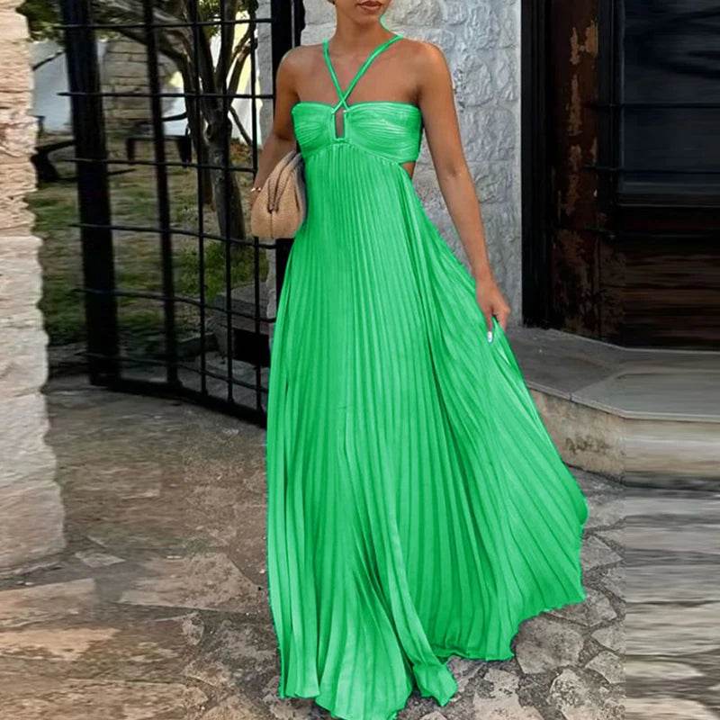 ELSVIOSE Blue High Waist Pleated Dress - Sexy Halter Sleeveless Summer - Buy Center