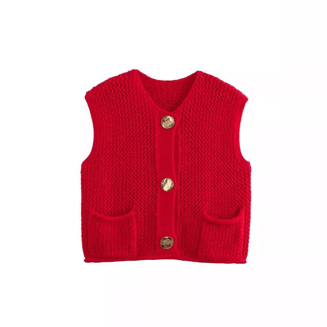 Chic Women's Sleeveless Knit Vest Sweater with Big Pockets - Buy Center