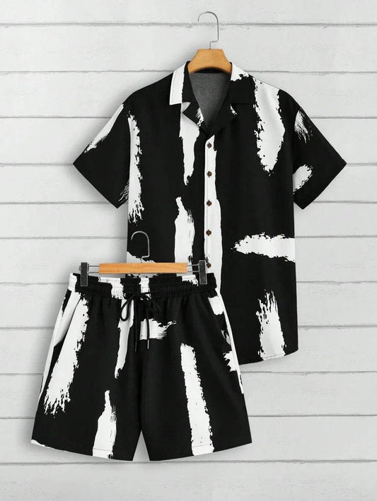 Men's Summer Stripe 3D Print Shirt & Drawstring Shorts Set - Buy Center
