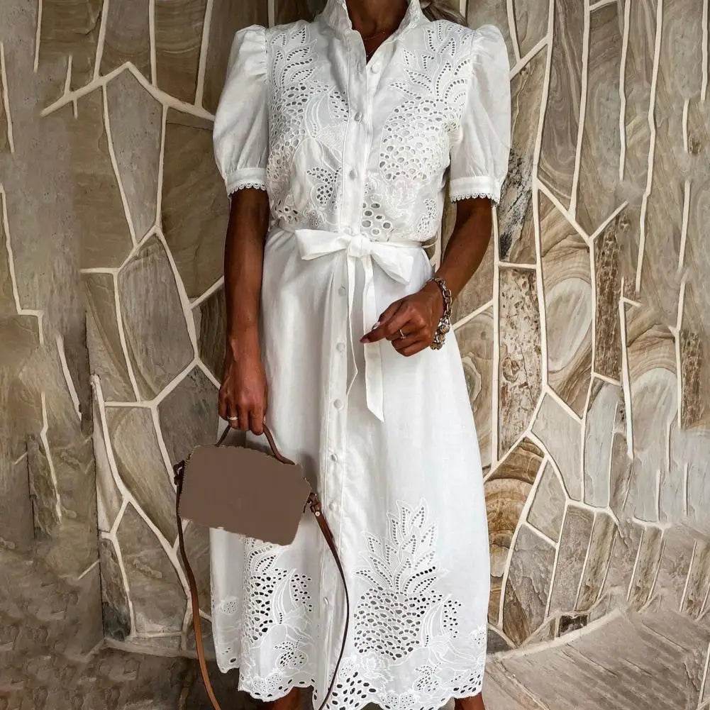 Elegant Women’s Lace-up Maxi Dress - Summer Puff Sleeve A-Line - Buy Center
