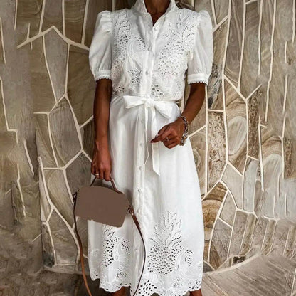Elegant Women’s Lace-up Maxi Dress - Summer Puff Sleeve A-Line - Buy Center
