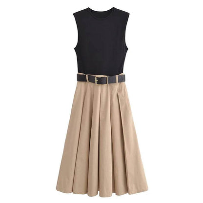 Chic Patchwork Pleated Maxi Dress - High Waist Sleeveless Style - Buy Center