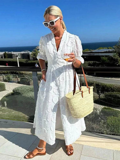 Elegant Lace Hollow Out Midi Dress - Women’s V-Neck Party Attire - Buy Center