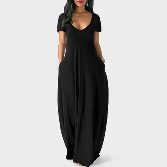 Plus Size Women's Solid V-Neck Dress - Short Sleeve Casual Style - Buy Center