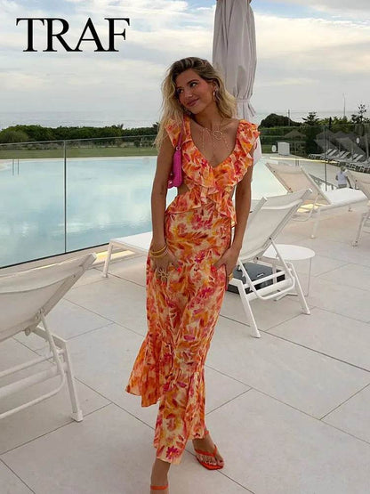 TRAFZA Women’s Bohemian V-Neck Ruffle Dress - Backless Orange Style - Buy Center