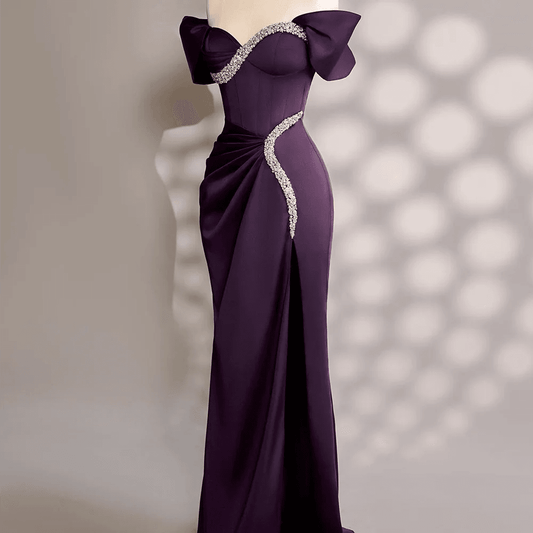 Customized Satin Off-The-Shoulder Evening Dress - Classic Purple & Crystal - Buy Center