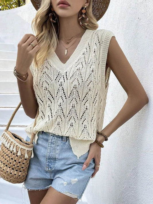 Elegant Women's V-Neck Loose Knit Sweater - Hollow Out Design - Buy Center