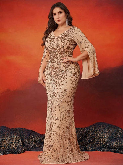 Lucy in Love Plus Size Gold Evening Dress - Long Sleeve Mermaid Gown - Buy Center