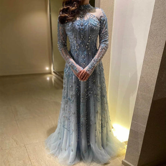 Sharon Said Blue Long Sleeve Evening Dress - High Neck & Beaded Detail - Buy Center