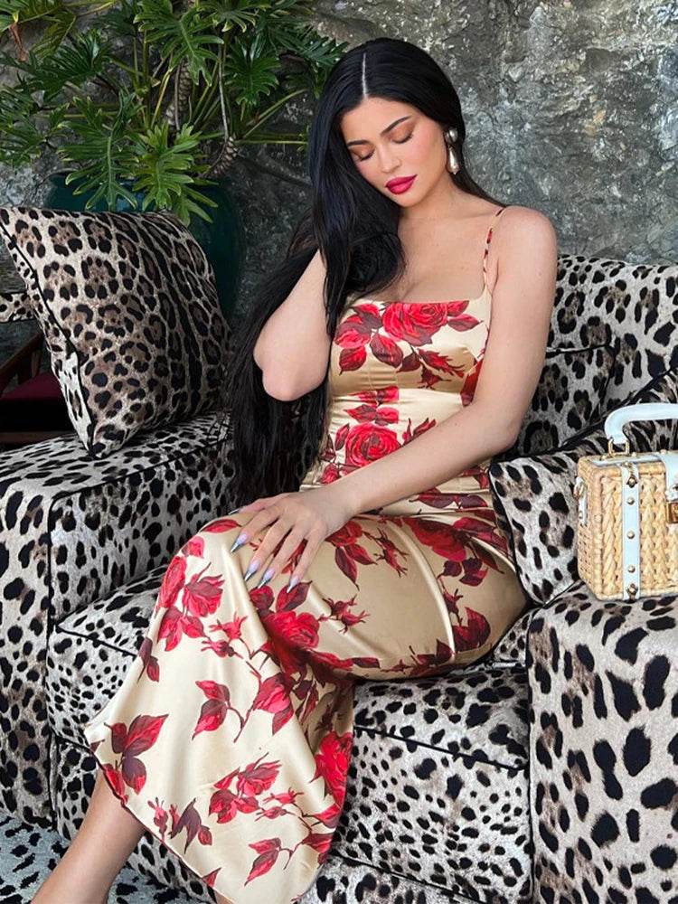 Hugcita Summer Y2K Floral Print Bodycon Midi Dress for Women - Buy Center