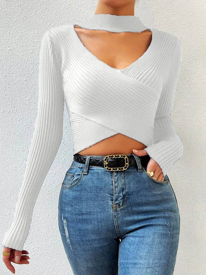 Women's Long Sleeve Choker Neck Crop Top - Casual Autumn Fashion - Buy Center