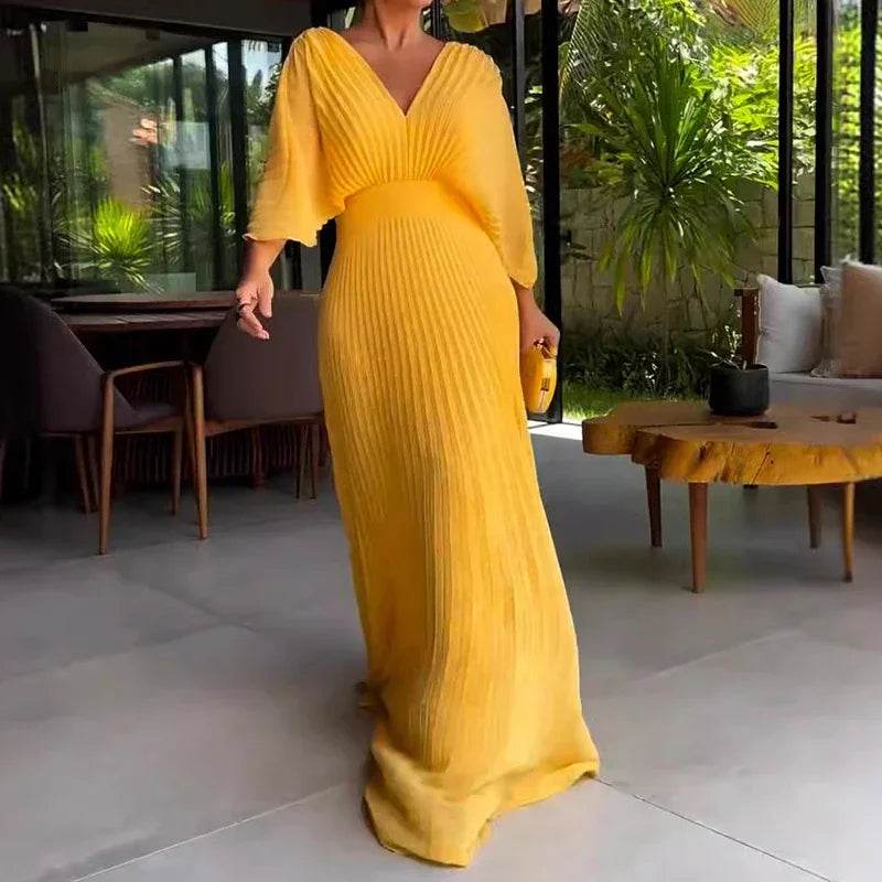 Elegant Women's V-Neck Robe Dress - Casual 3/4 Sleeves, Pleated - Buy Center