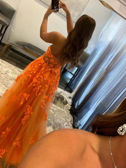 Bridalaffair Orange Lace Appliques A-Line Prom Dress - Sweetheart Neckline - Buy Center
