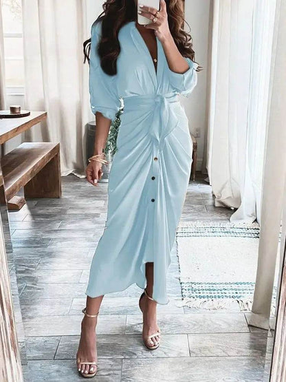 Summer Women’s Bandage Ruched Dress - Elegant V-Neck Casual Wear - Buy Center