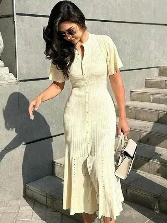 Elegant Knit Dress for Women - Spring Fashion, O-Neck, Short Sleeve - Buy Center