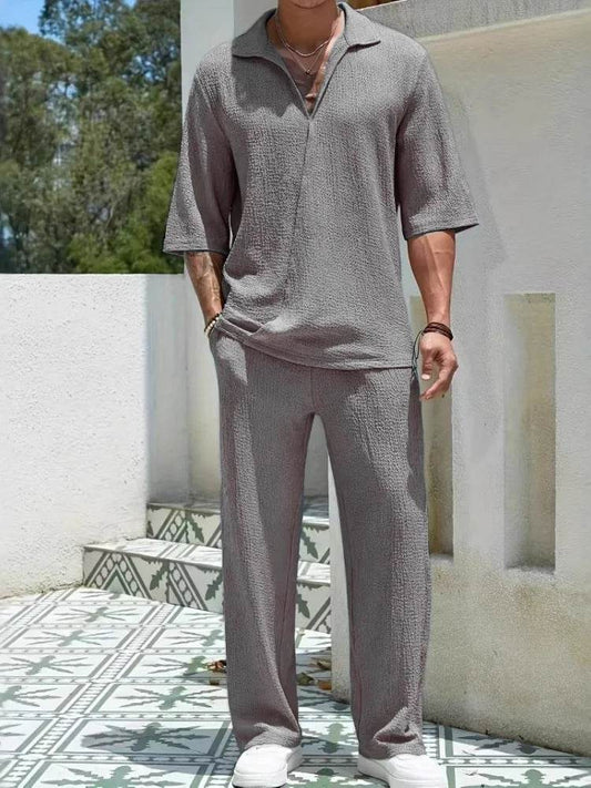 2025 Men's Retro Casual Beach Suit - Half-Sleeve Solid Color Shirt - Buy Center