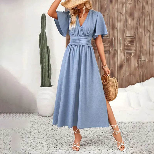 Chic Women's Pleated Ruffle Dress - V Neck Short Sleeve Summer Style - Buy Center