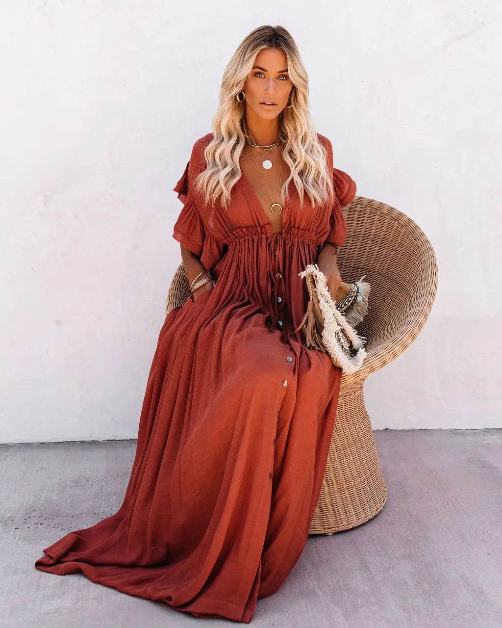LCSKEREAL Women's Summer V-Neck Bikini Cover Up - Bohemian Style Dress - Buy Center