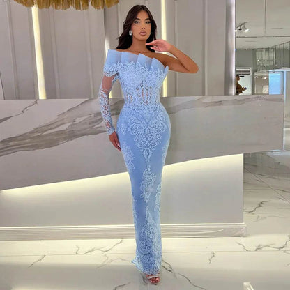 Light Blue Mermaid Evening Dress - One Shoulder, Sequined Appliques - Buy Center
