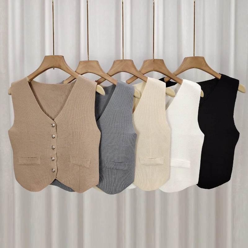 TEROKK Women's V-Neck Knitted Vest - Slim Fit, Solid Color Style - Buy Center