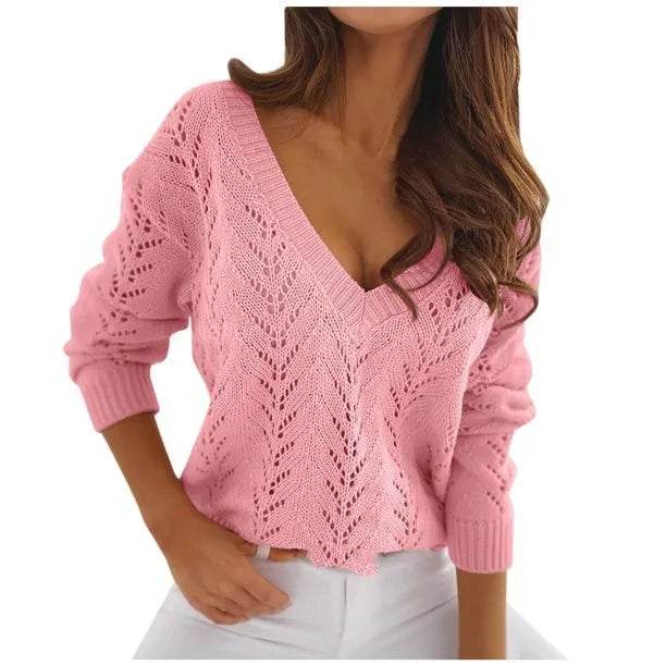Casual V-Neck Mocha Knitwear Sweater - Autumn Solid Color for Women - Buy Center