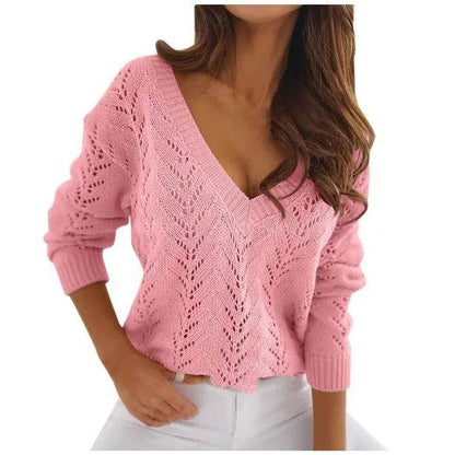 Casual V-Neck Mocha Knitwear Sweater - Autumn Solid Color for Women - Buy Center
