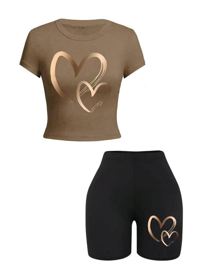 Teekossc Women’s Summer Slim-Fit T-Shirt & Shorts Set - Heart Prints - Buy Center