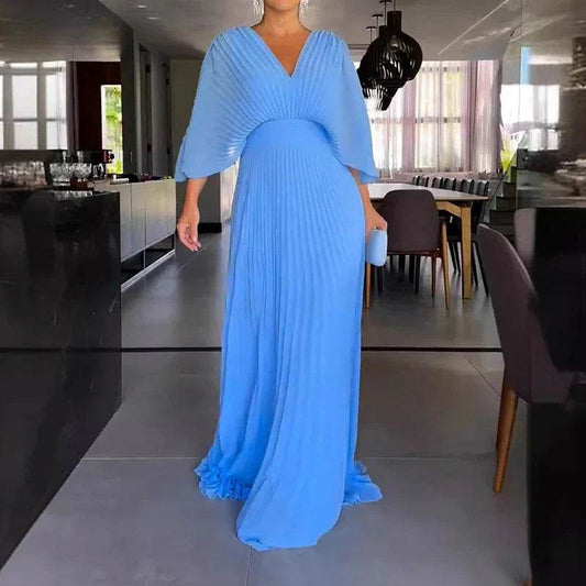 Elegant Women's V-Neck Robe Dress - Casual 3/4 Sleeves, Pleated - Buy Center