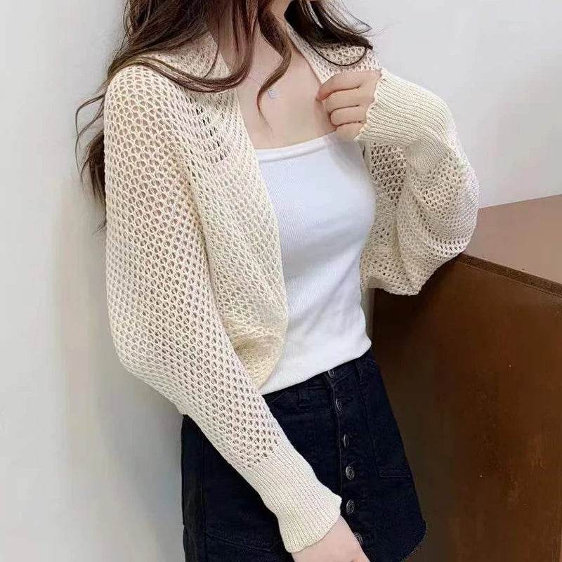Fictitni Crochet Shrug Cardigan - Sheer Open Knit, Long Sleeve - Buy Center