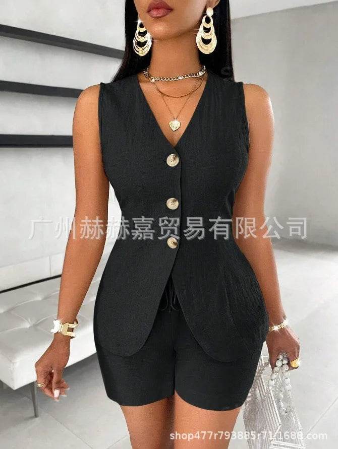 Stylish Women's V-neck Shorts Set - Solid Color, Sleeveless Design - Buy Center