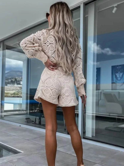 Elegant Vintage White Lace Shirt & Shorts Set for Women - Spring/Summer - Buy Center
