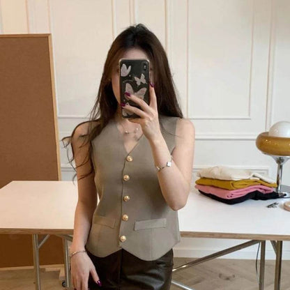 TEROKK Women's V-Neck Knitted Vest - Slim Fit, Solid Color Style - Buy Center
