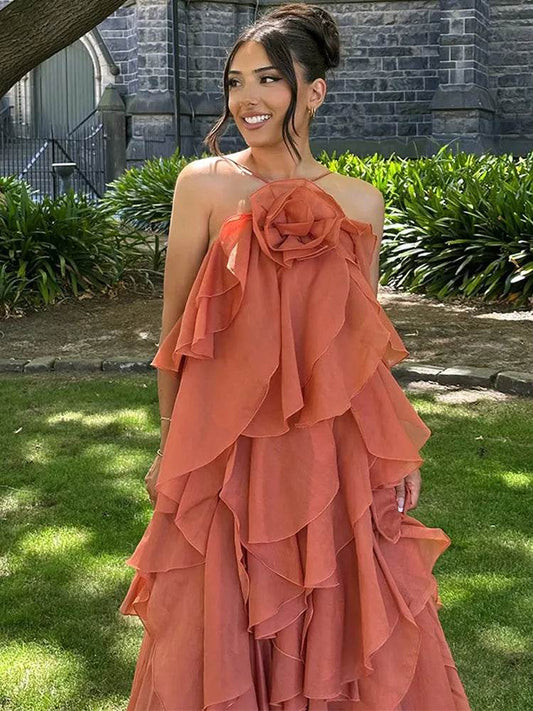 Elegant Backless Ruffled Halter Dress for Women - Luxurious Party Look - Buy Center