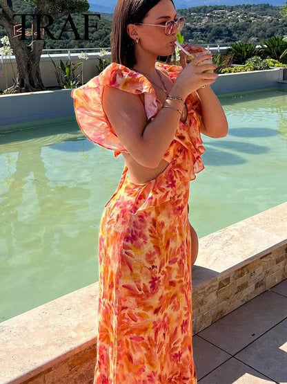 TRAFZA Women’s Bohemian V-Neck Ruffle Dress - Backless Orange Style - Buy Center