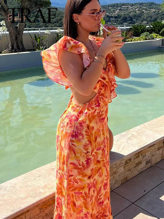TRAFZA Women’s Bohemian V-Neck Ruffle Dress - Backless Orange Style - Buy Center