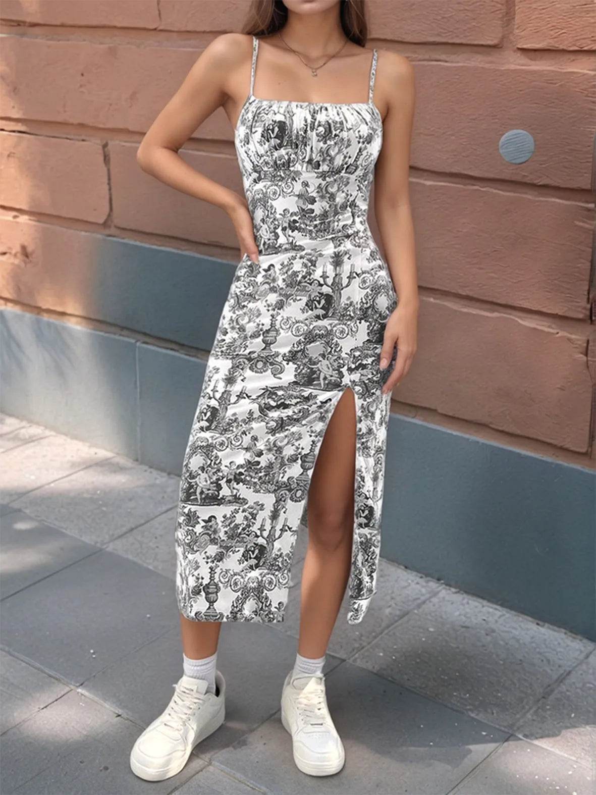 Suofeiman Floral Print Midi Dress - Sleeveless High Slit for Spring - Buy Center