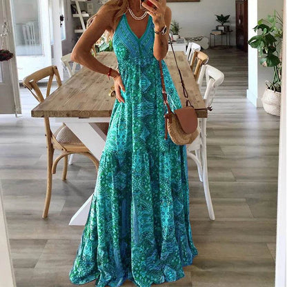 Bohemian V-Neck Floral Dress - High Waist Spaghetti Strap Style - Buy Center
