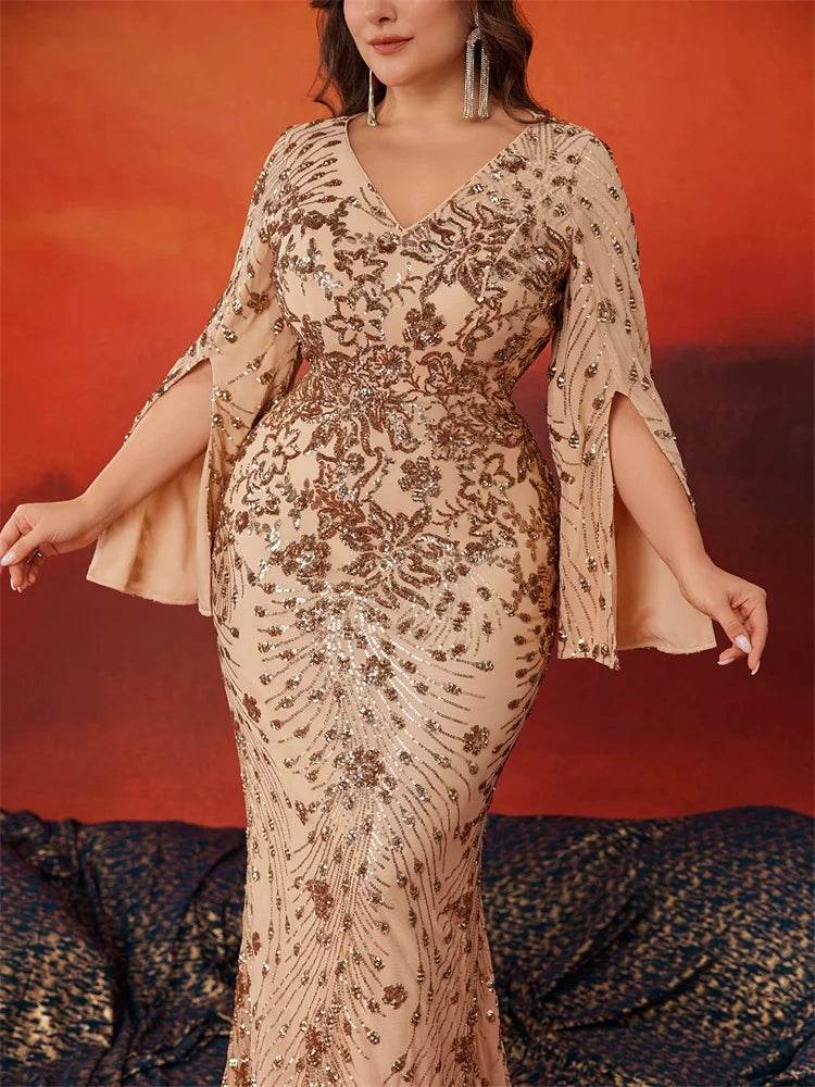 Lucy in Love Plus Size Gold Evening Dress - Long Sleeve Mermaid Gown - Buy Center