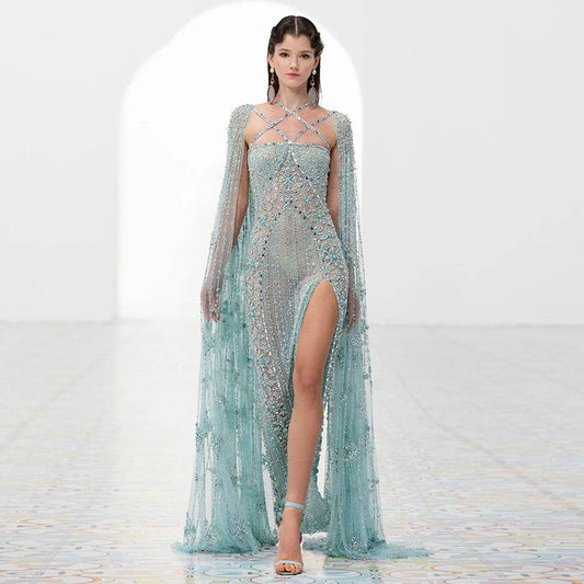 Sharon Said Aqua Lilac Mermaid Evening Dress with Cape Sleeves - Buy Center