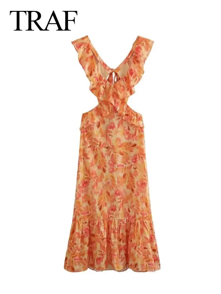 TRAFZA Women’s Bohemian V-Neck Ruffle Dress - Backless Orange Style - Buy Center