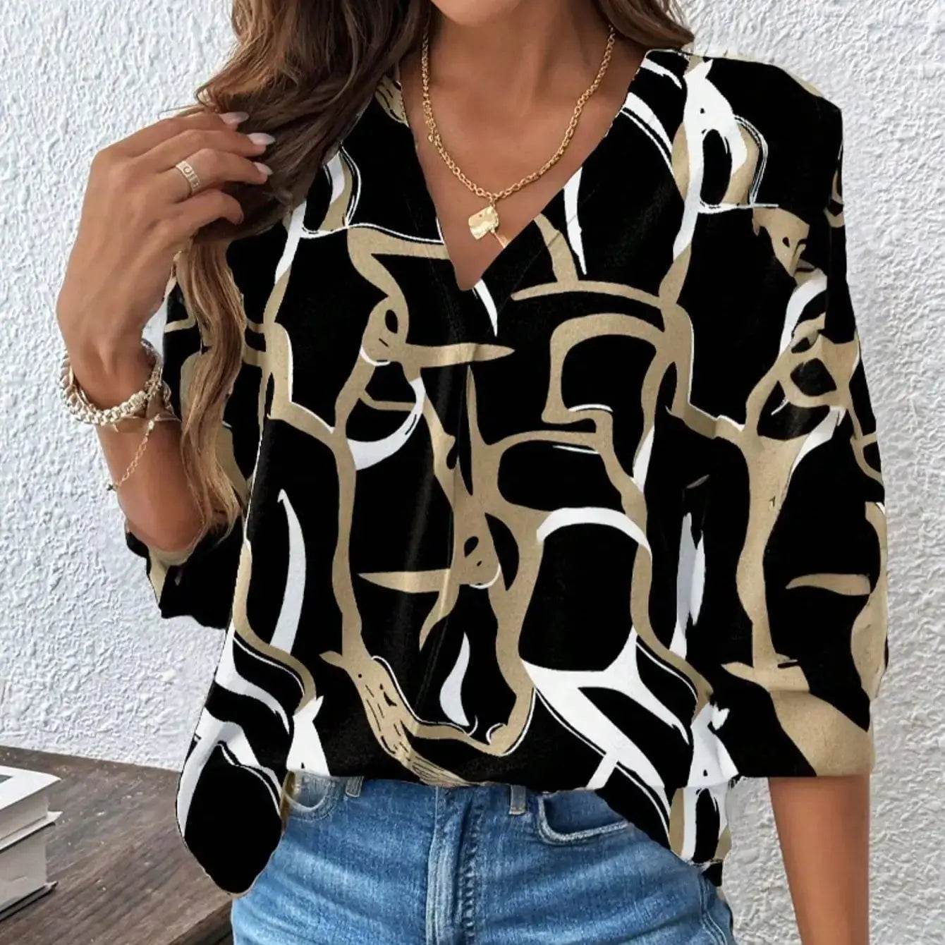 Elegant Women's V Neck Blouse - Spring/Summer Casual Print Top - Buy Center