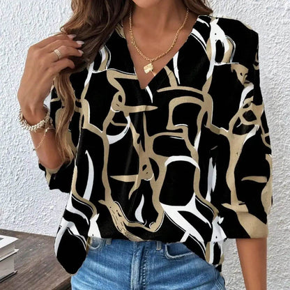 Elegant Women's V Neck Blouse - Spring/Summer Casual Print Top - Buy Center