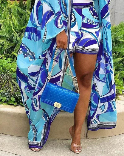 Kalenmos Women's Abstract Print Batwing Sleeve Cardigan & Shorts Set - Buy Center